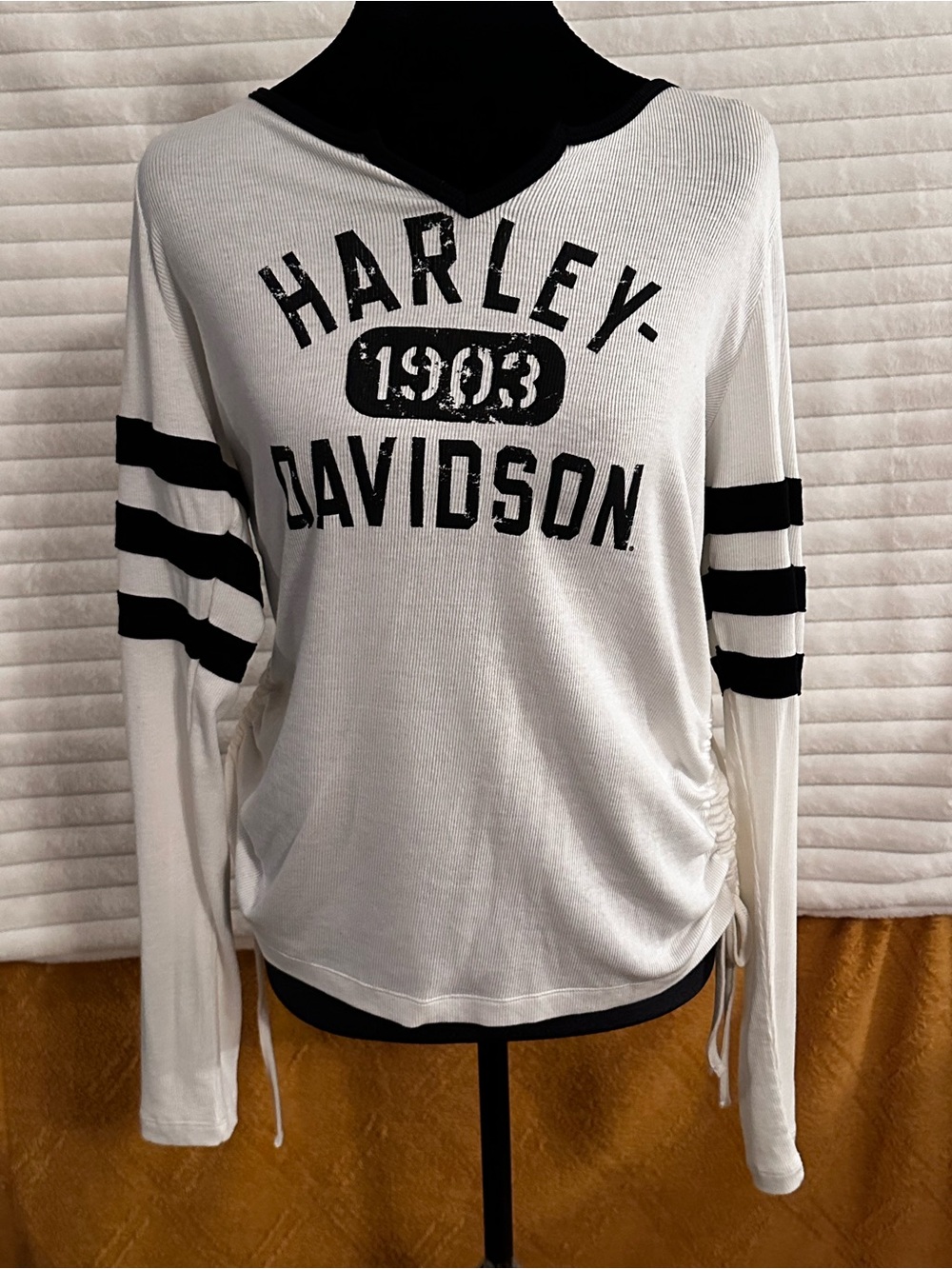 Harley-Davidson White Long Sleeve V-Neck Top with Black Logo and Sleeve Stripes